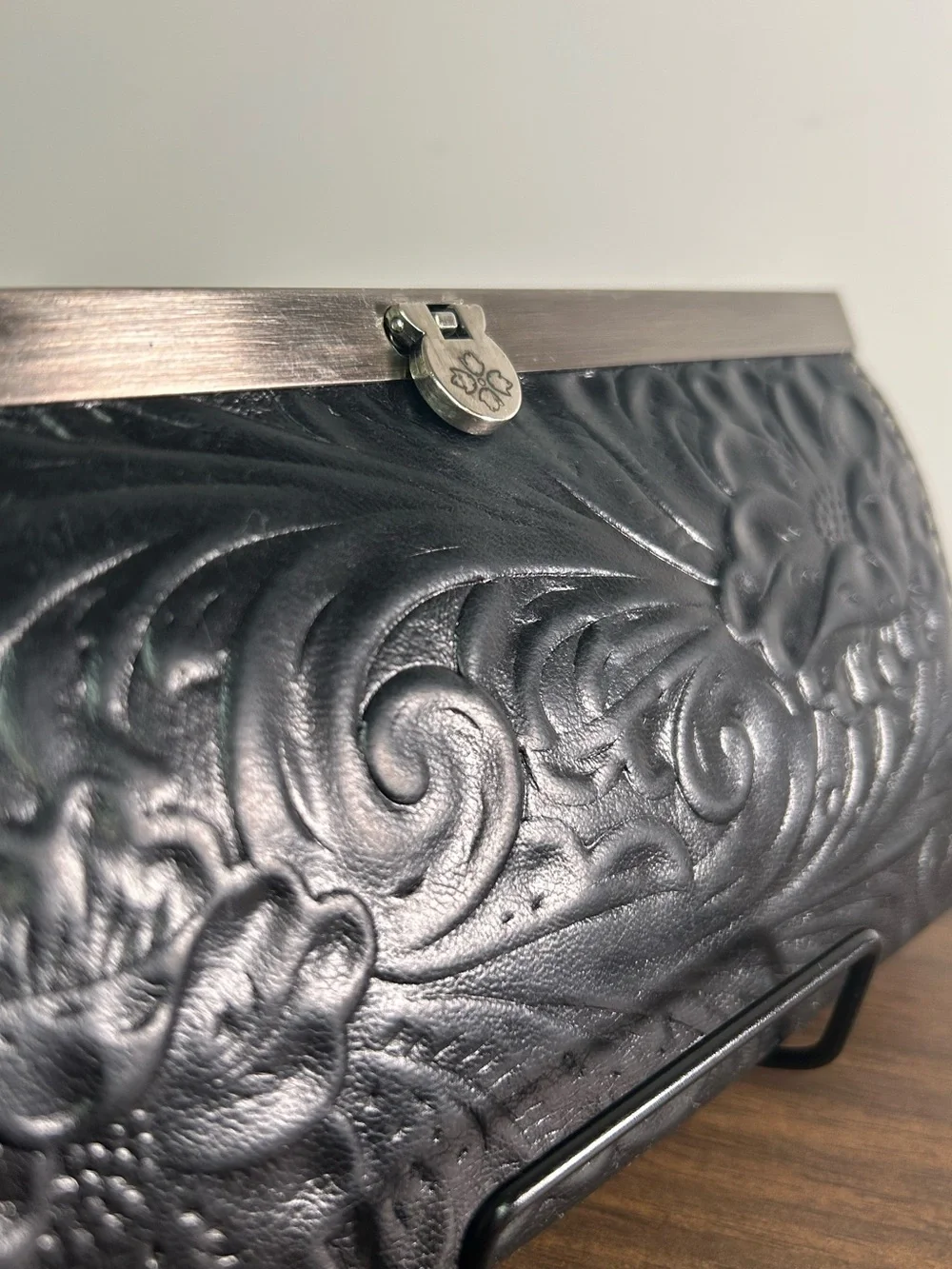 Patricia Nash Cauchy Black Tooled Floral Filigree Leather Frame Wallet RFID